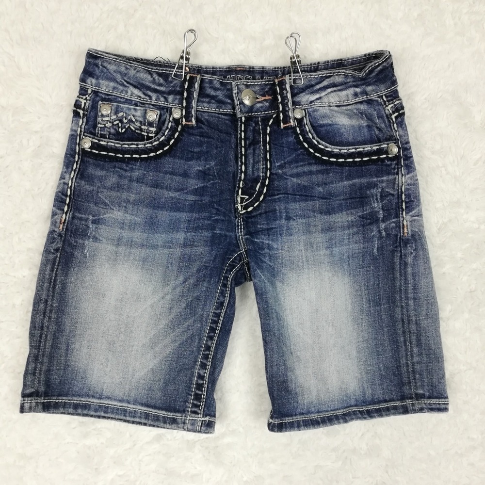 Miss Me Womens Shorts Boyfriend Blue Denim Flap Pocket Stone Wash 25